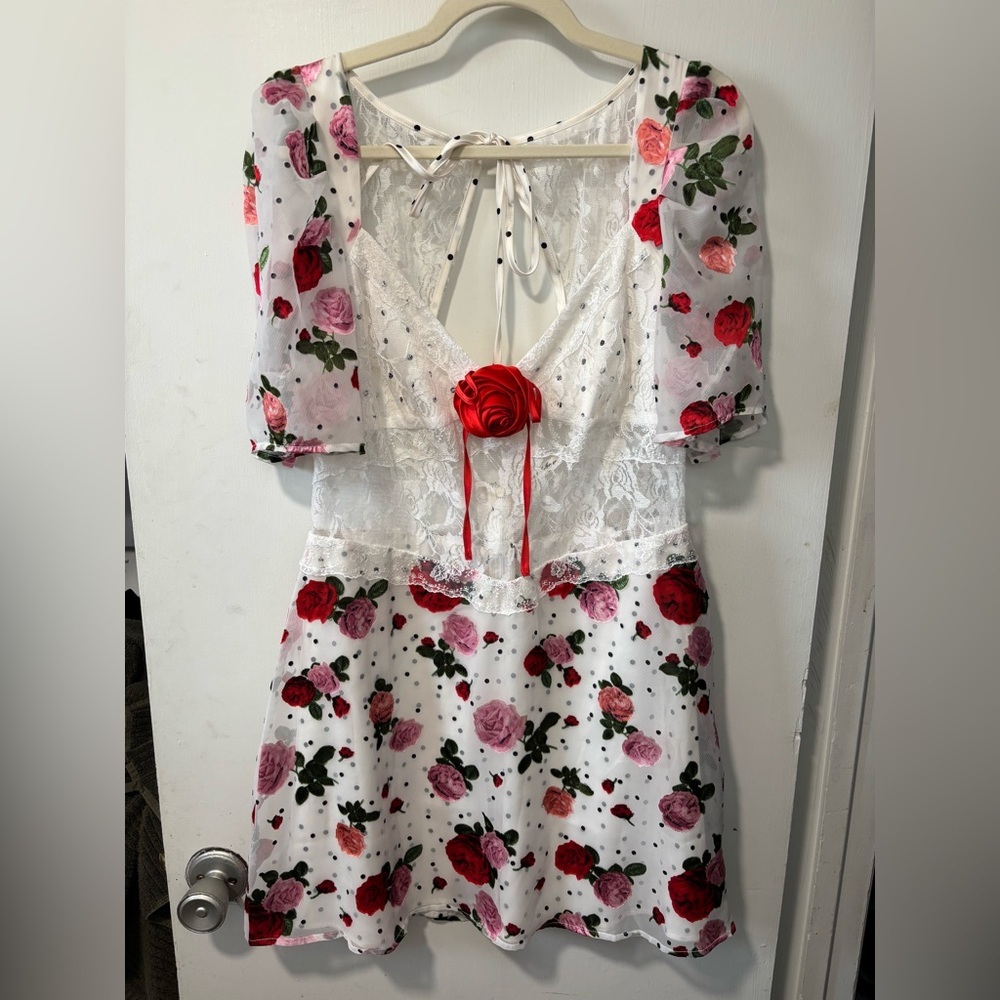 For Love And Lemons Wynter Mini Rose Floral Polka Dot Babydoll Dress Size M L